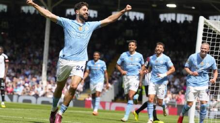 Manchester City's Josko Gvardiol celebrates his second goal in their key win at Fulham. (AP PHOTO)